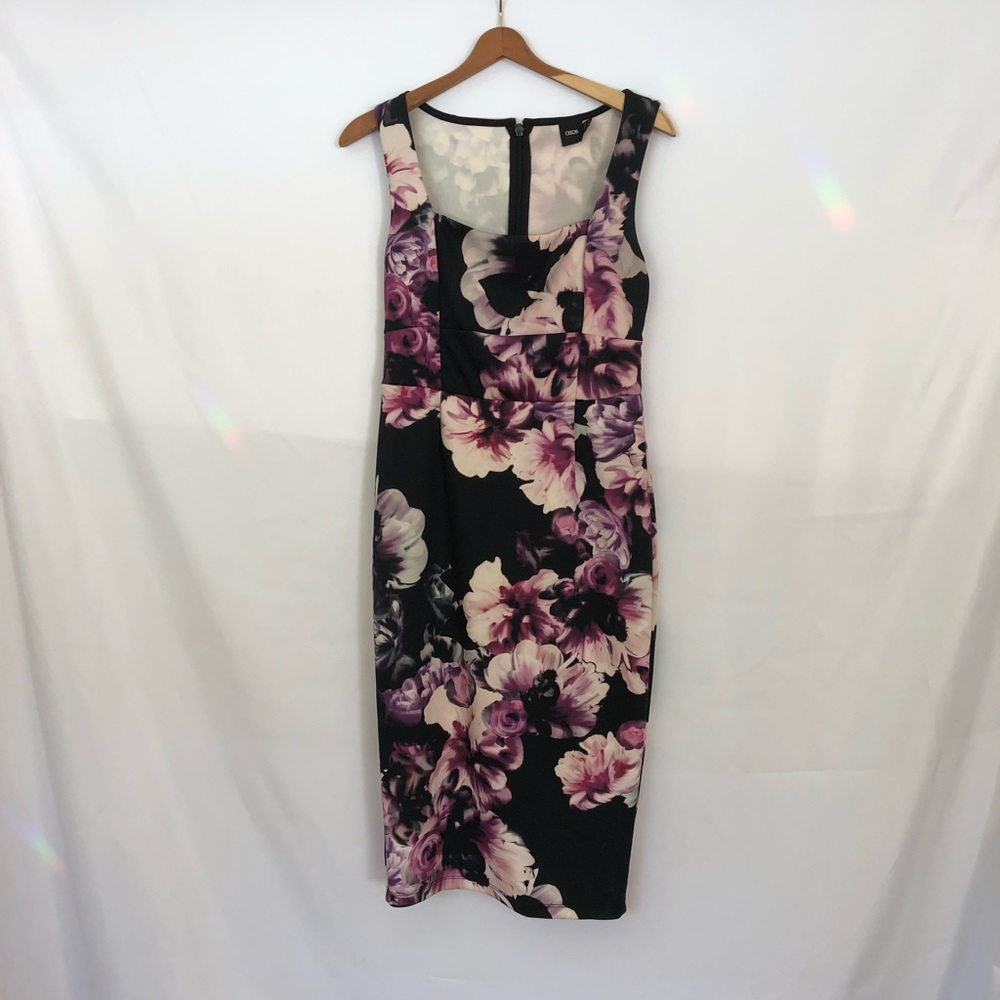 Asos Black and Purple Floral Bodycon Midi Dress